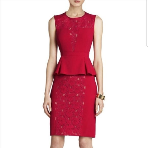 BCBG "Ives" Lipstick Red Lace Peplum Sheath Dress- Sz. 2 - Picture 1 of 11